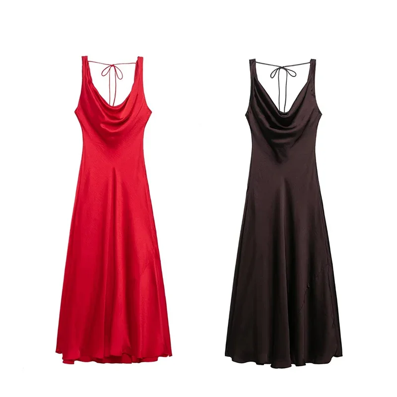 여성 드레스 봄 신상 실크 새틴 텍스처 스윙넥 롱 드레스 섹시 오픈 백 디자인 우아한 분위기 고급스러운 감각