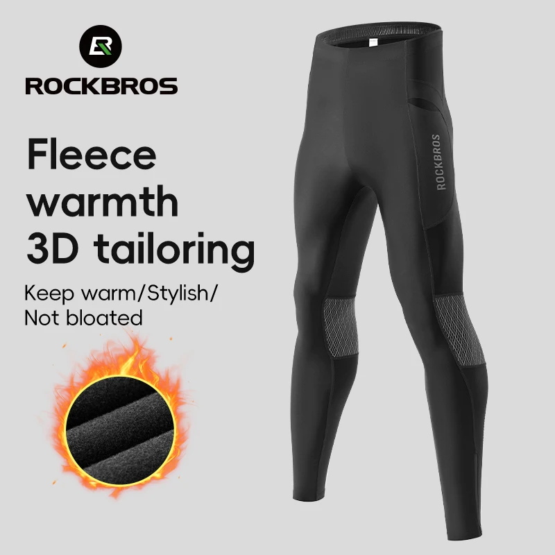 ROCKBROS Winter Cycling Pants High Elastic Windproof Thermal Fleece Trousers Cycling Tights Pockets Men Outdoor Sport Bike Pants