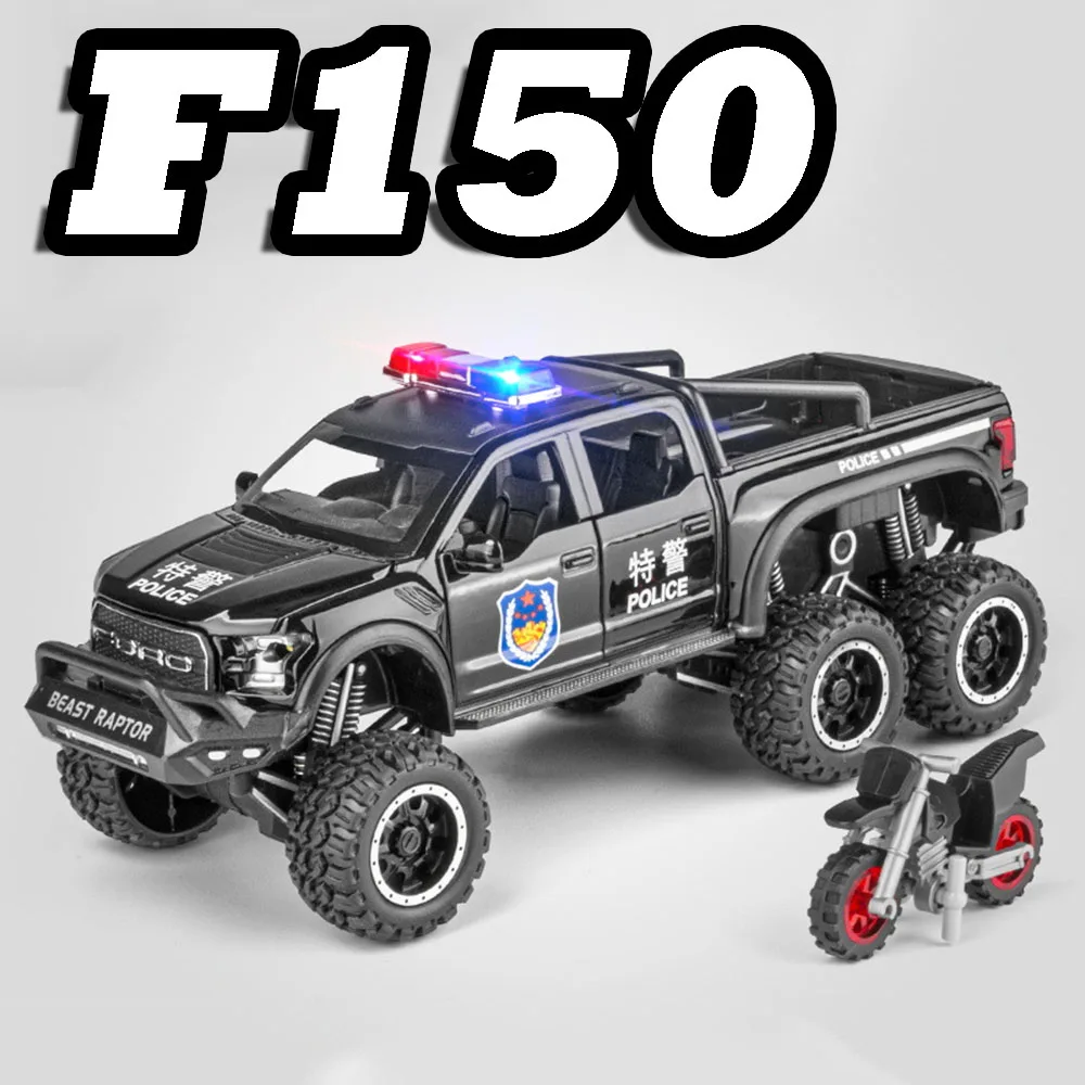 1:28 Raptor F150 Miniature Car Model Toy Alloy Diecast Off-road Vehicles Doors Opened Pull Back Sound Light for Kids Edutainment