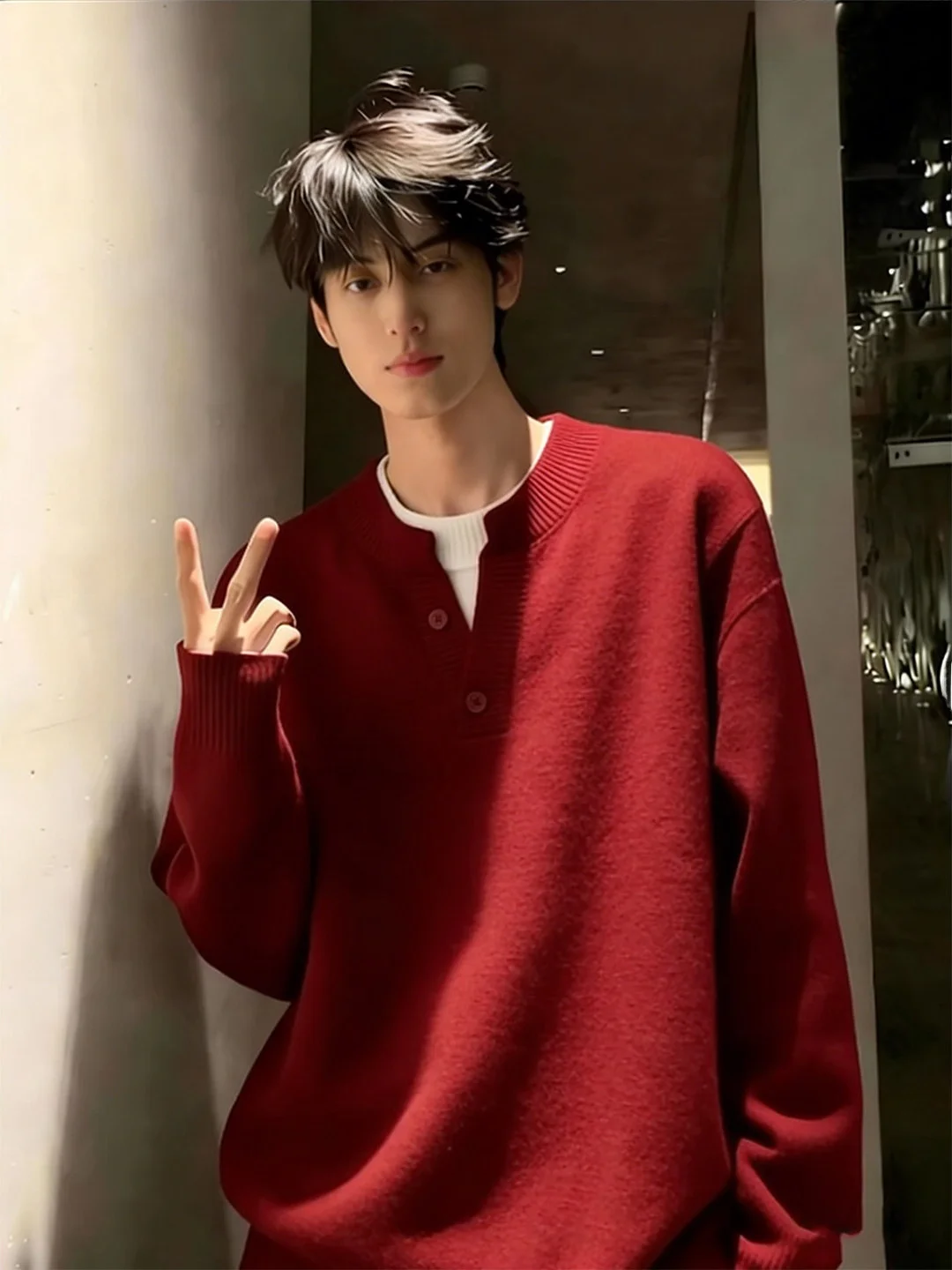 

Красный трикотажный джемпер с воротником хенли, базовый слой, свободный крой, на молнии, с длинными рукавами, для зимы, повседневный, модный