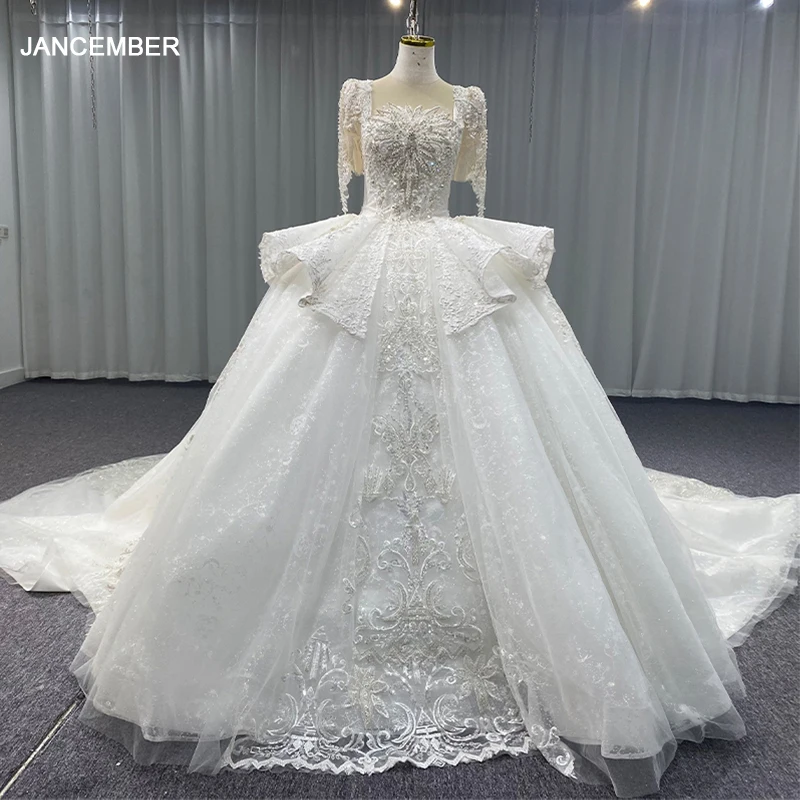 

International Perfect Princess Wedding Dress Organza Ball Gown O-Neck Three Quarter Court Train MN189 Beading Illusion Ruffles