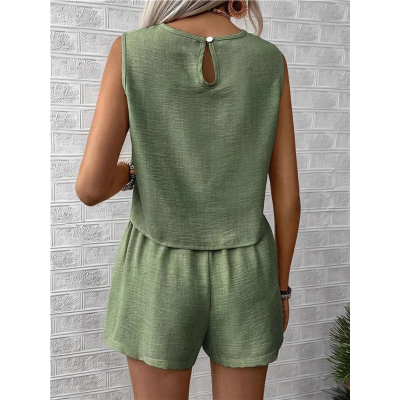 

【SEE】Womens 2 Piece Summer Linen Outfits Short Sets Round Neck Sleeveless Tank Top Elastic High Waisted Shorts