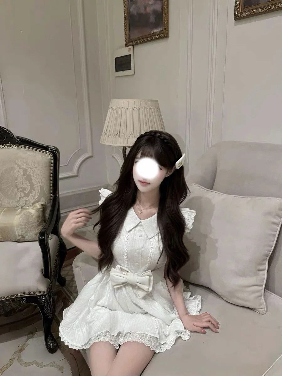 Sweet First Love Series Dress  Knot Summer Flying Sleeve Princess Style Cute Girl Puffy Skirt A-Line Silhouette Casu...