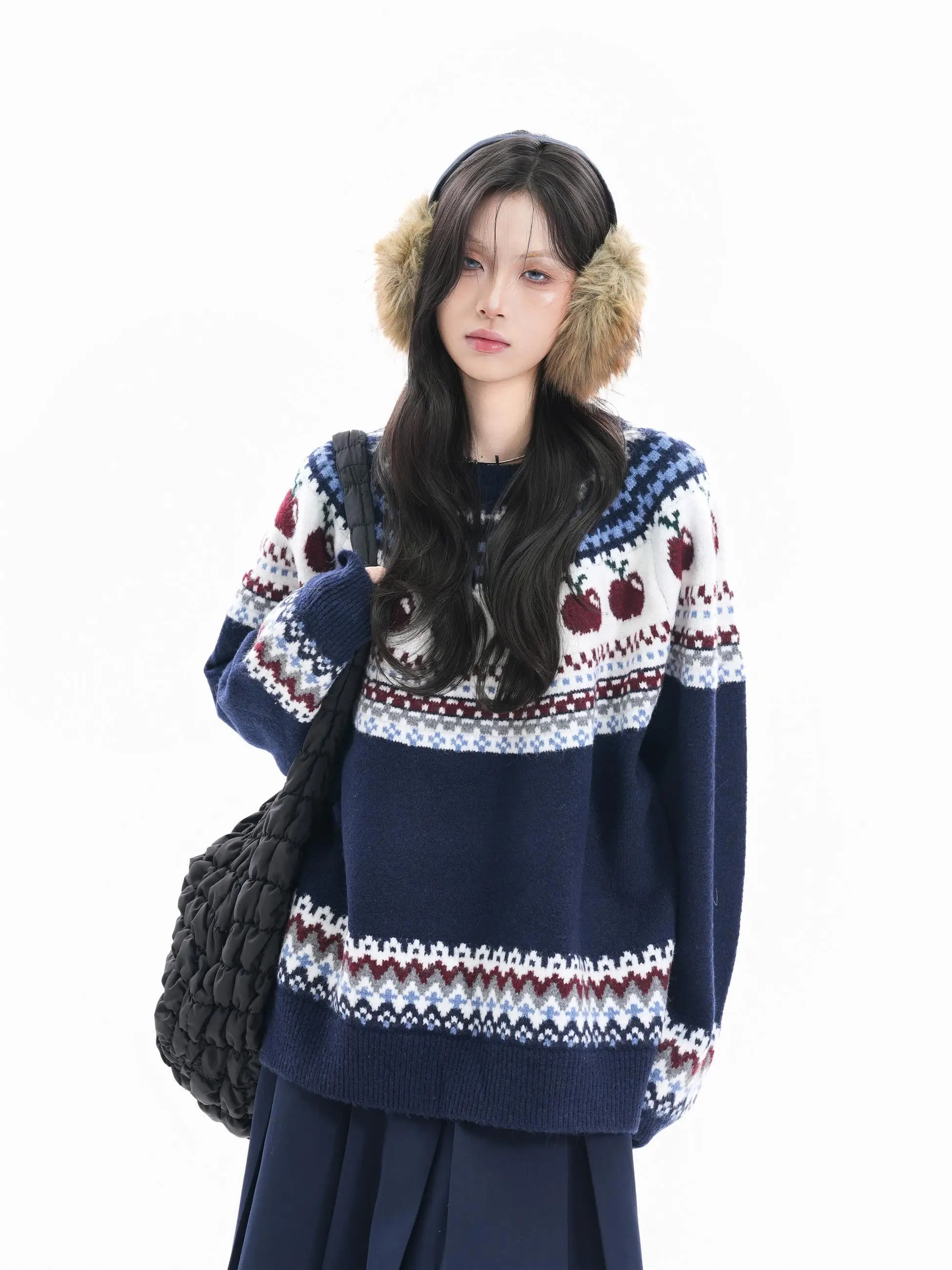 

Autumn Winter Cisas Color Blo round Ne Knitted Sweater ex American Retro Fair Isle Couple Outerwear Casual Sle