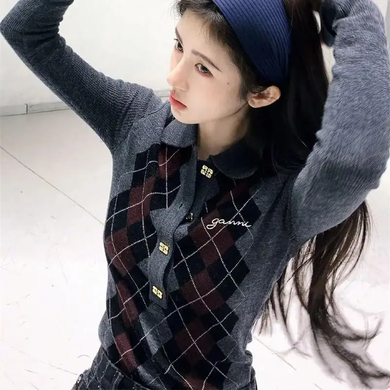 

Korean Sweet Slim Bottoming Wool Knitwear K917 Autumn Winter New Preppy Rhombus Women's Polo Collar Cashmere Knitted Sweater