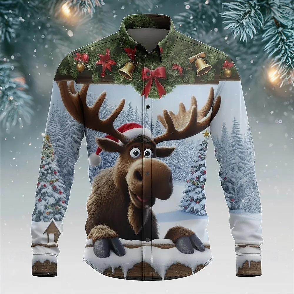 Abstract Cartoon Elk Graphic Men's Shirts Christmas Theme Creative Design Long Sleeve Shirt Autumn Winter Outdoor Casual Clothes