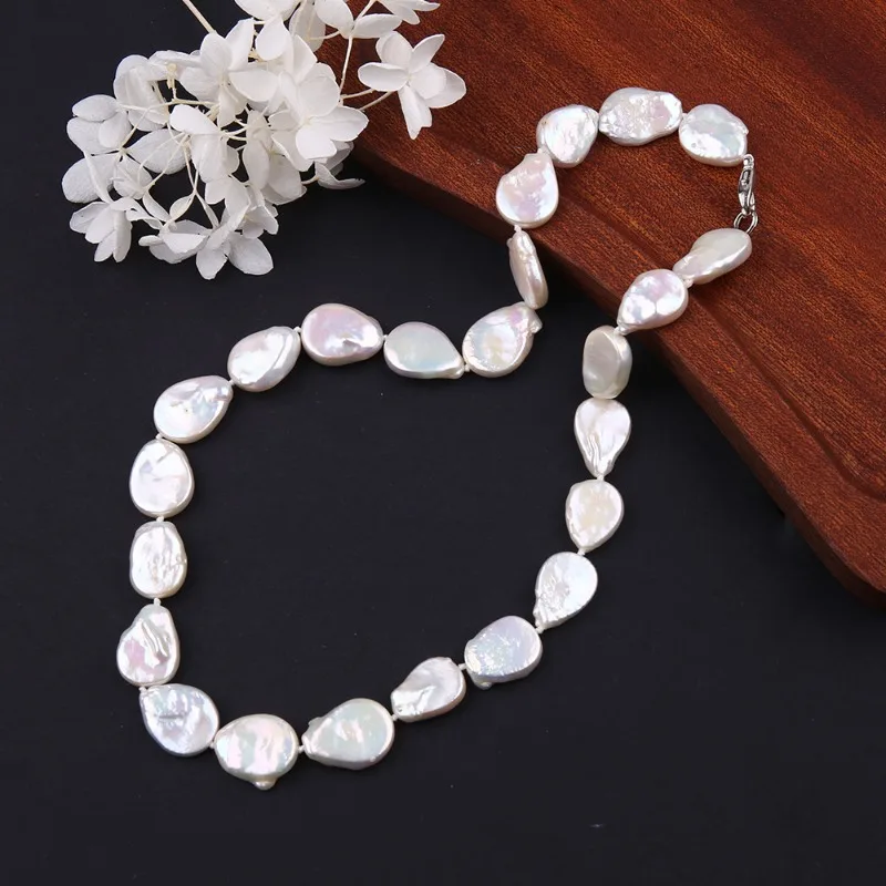 

Оптовая продажа готовых продуктов размером 14x15 мм, ожерелье из плоского натурального жемчуга в форме капли белой воды