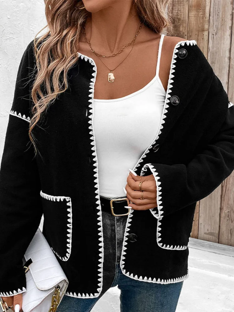 Luźny płaszcz damski oversize z białymi wykończeniami, idealny na jesień i zimę, do noszenia na co dzień, do pracy, długi płaszcz typu sweter.