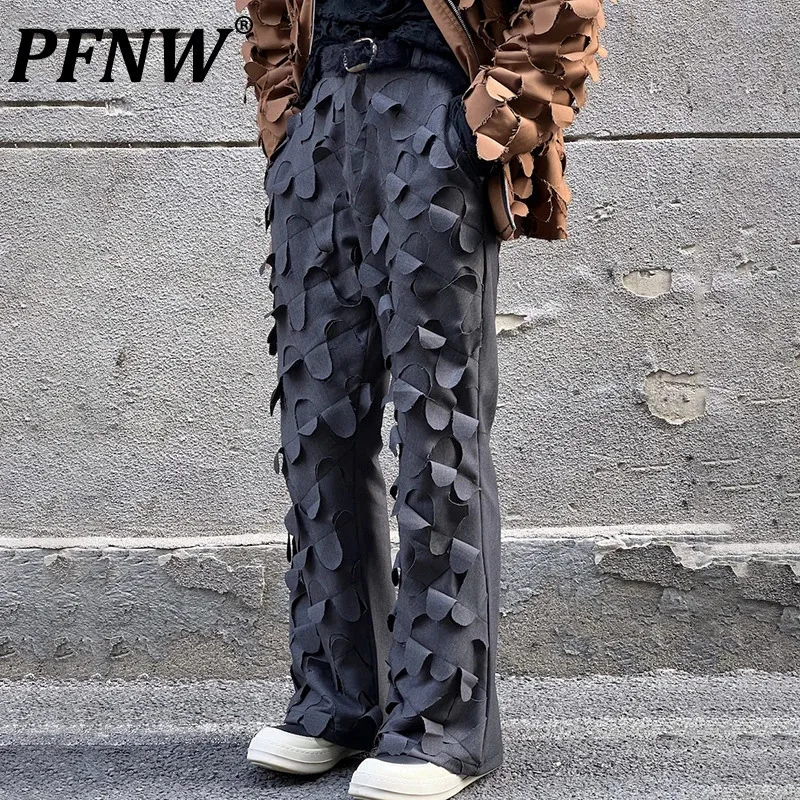 

PFNW Straight Tube Personality Bell-bottoms Vintage Versati Men's Casual Trousers 2023 Spring Elegant Wornout Patched Male Pants