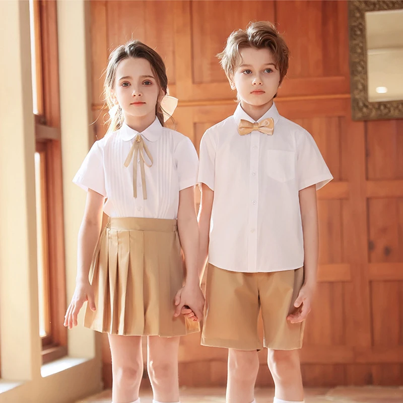 3Pcs /Set Kindergarten School Uniforms British Style Girls Pleated Skirts Boys Shirt Shorts JK Suit Chorus Performance Costume
