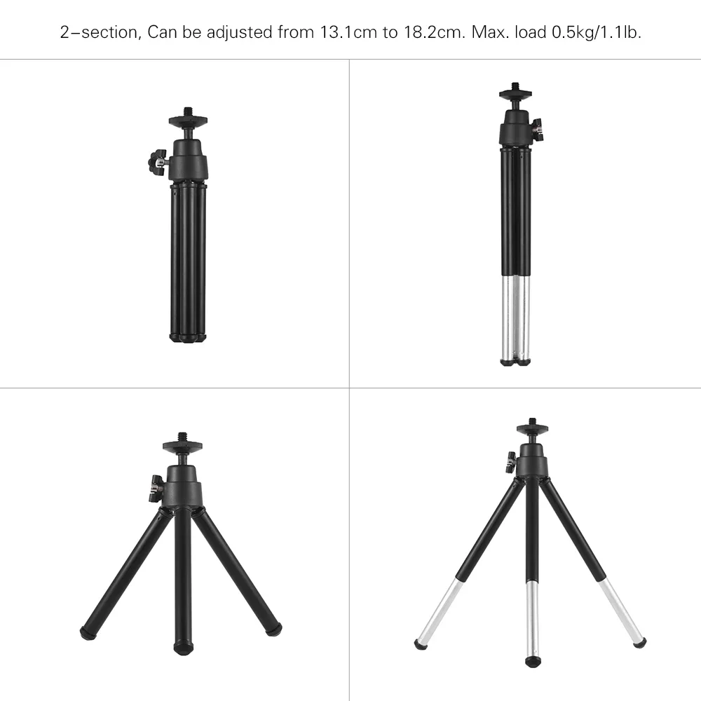 Mini DesktopTripod 2-Section Extendable Tripod Stand Holder 1/4 Inch Screw Mounts for Phone ILDC Max. Load 0.5kg Black