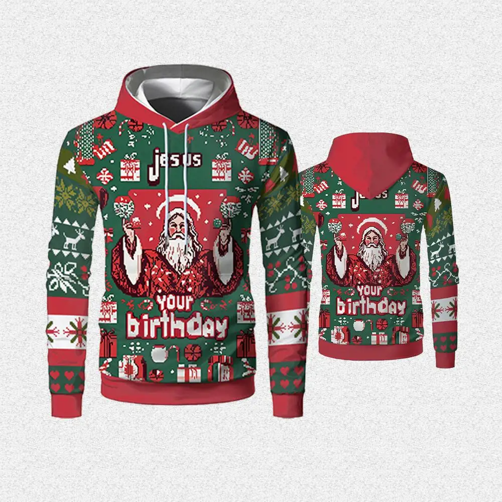 Jesus 3D Print Christmas Hoodie Spring/Autumn Street Style Fashion Casual Pullover Men's Loose Plus Size Holiday Gift Top