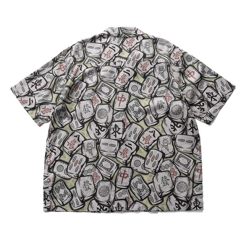 Lyocell Fabric Cartoon Mahjong Print Off Shoulder Loose Casual Cuban Collar Short Sleeved Shirt for Men and Women