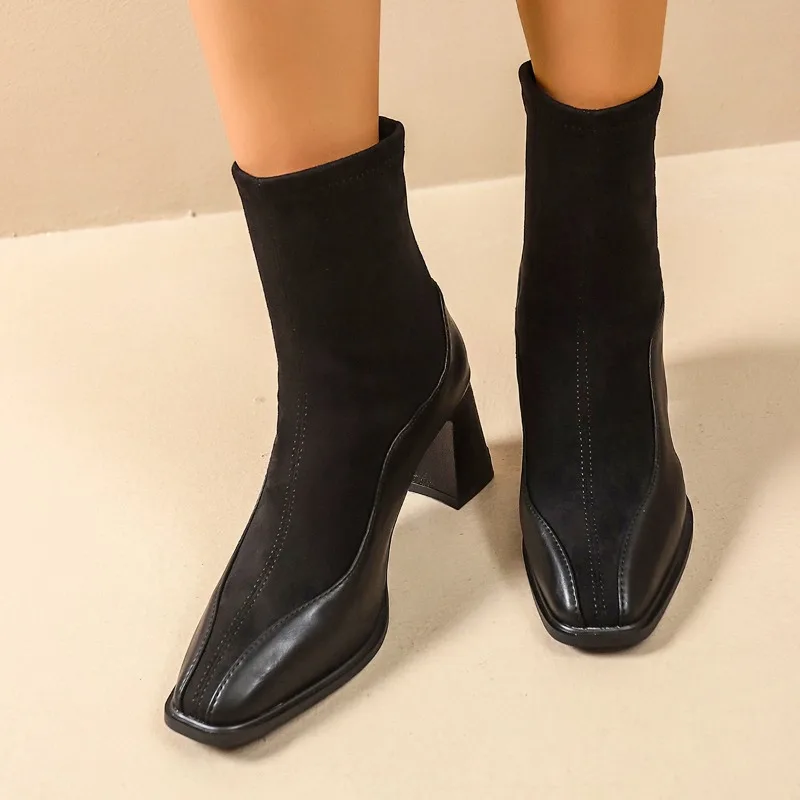 2025 الخريف الشتاء المرأة أحذية بوت قصيرة نمط عالية الكعب مربع رئيس مطاطا جورب الأحذية كعب سميك الفرنسية سليم الأحذية