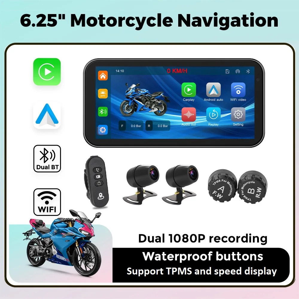 

MEKEDE 6.25inch Motorcycle Recorder CarPlay Android Auto Navigation Monitor with Remote Control DVR Bluetooth IP67 Speed display