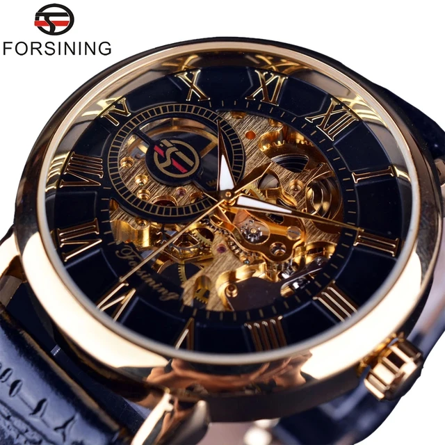 Forsining 3d projekt Logo grawerowanie czarny złota koperta skóra szkielet zegarki mechaniczne mężczyźni luksusowa marka Heren Horloge