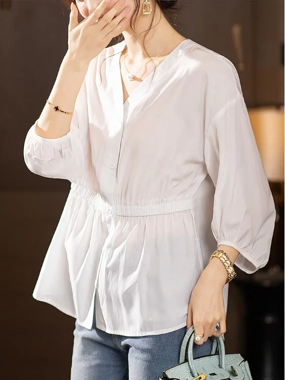 

Elegant Simple Color V-Neck Lantern Sleeve Shirt Women's Loose Fit Elastic Waist Anti-Aging Design Summer Top