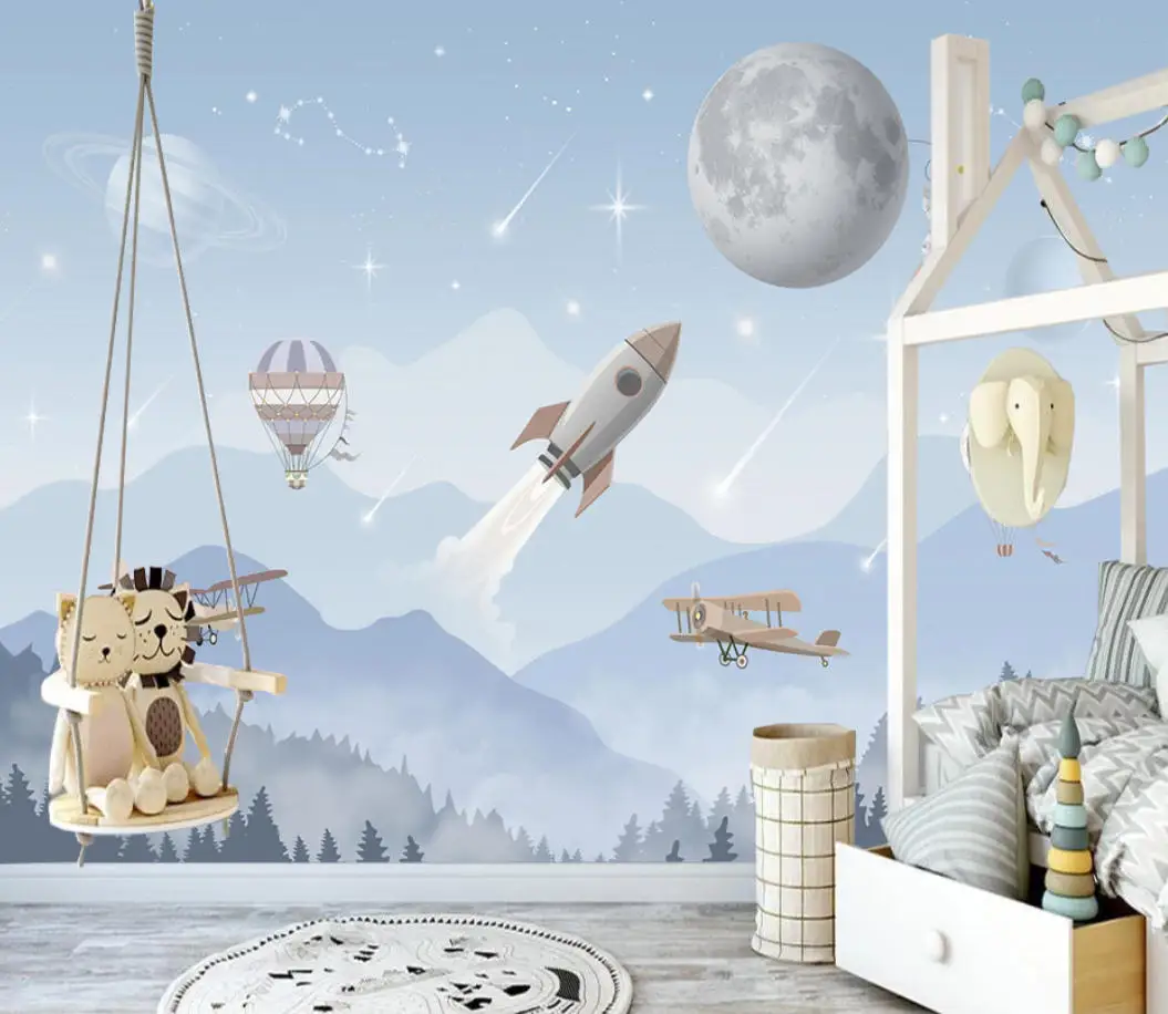 Customized Size 3d Wallpaper Space Astronaut Rocket Planet Satellite Children's Mural Home Decoration Starry Sky Star Decoration