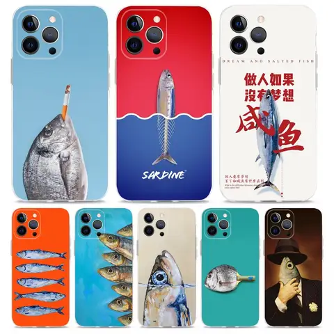 Fish Sardine Painting Art Phone Case For iPhone 16,15,14,13,12,11 Plus,Pro,Max,XR,XS,X,7,8 Plus,SE,Mini Transparent Shell