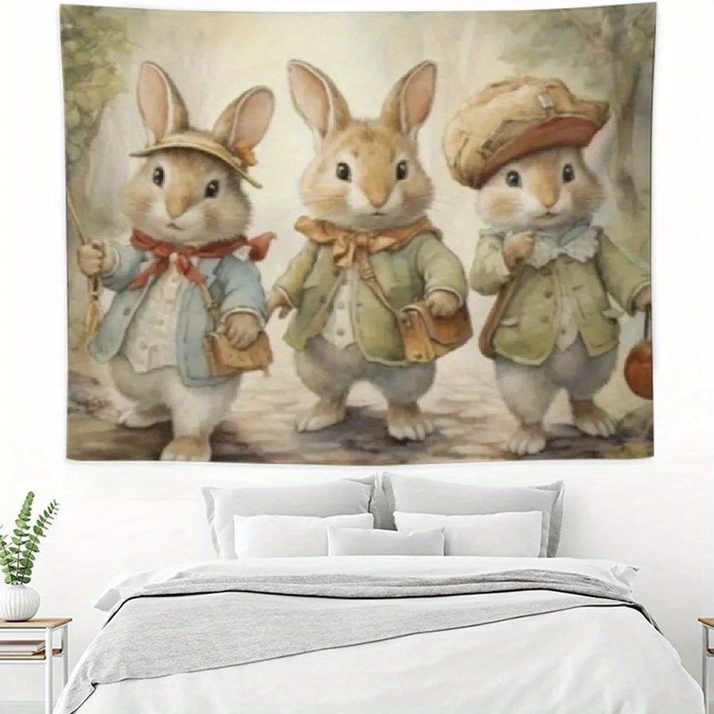 Handcrafted Tapestry Featuring Adorable Bunnies in Classic Outfits, Whimsical Details, and Pastel Colors for Cozy Home Decor