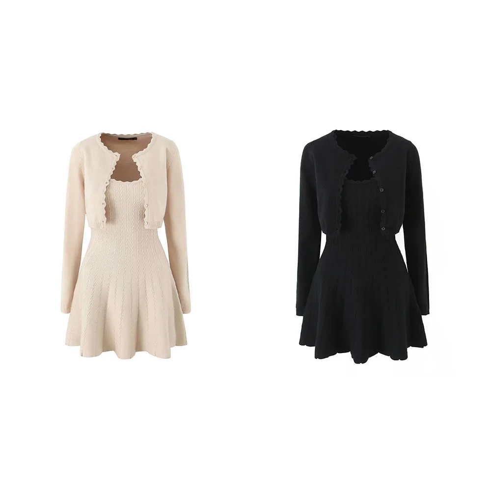 

Autumn new women's clothing style simple slim fit long sleeved knitted wavy edge cardigan and camisole dress
