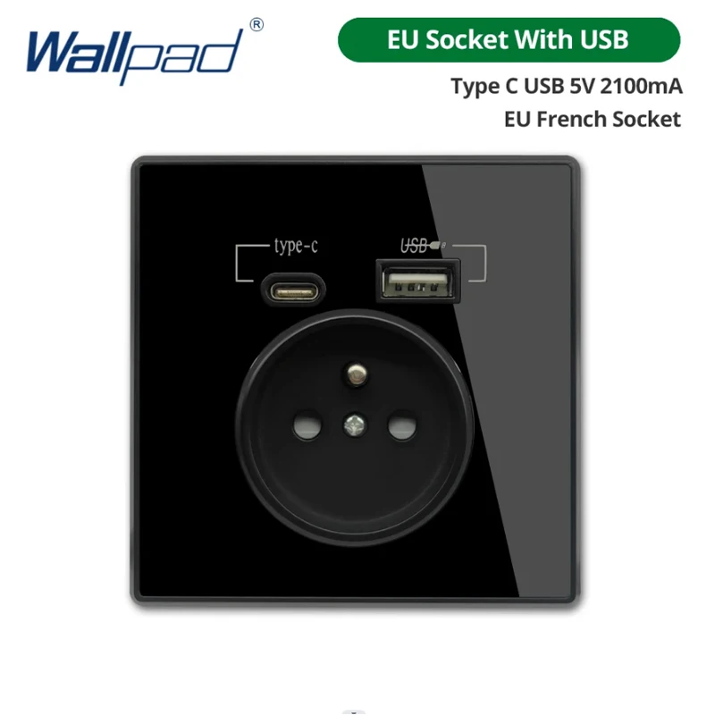 Wallpad French Type C Wall USB Outlet With Double usb Ports, BlACK Acrylic Glass Panel, EU Standard 16A Power Socket