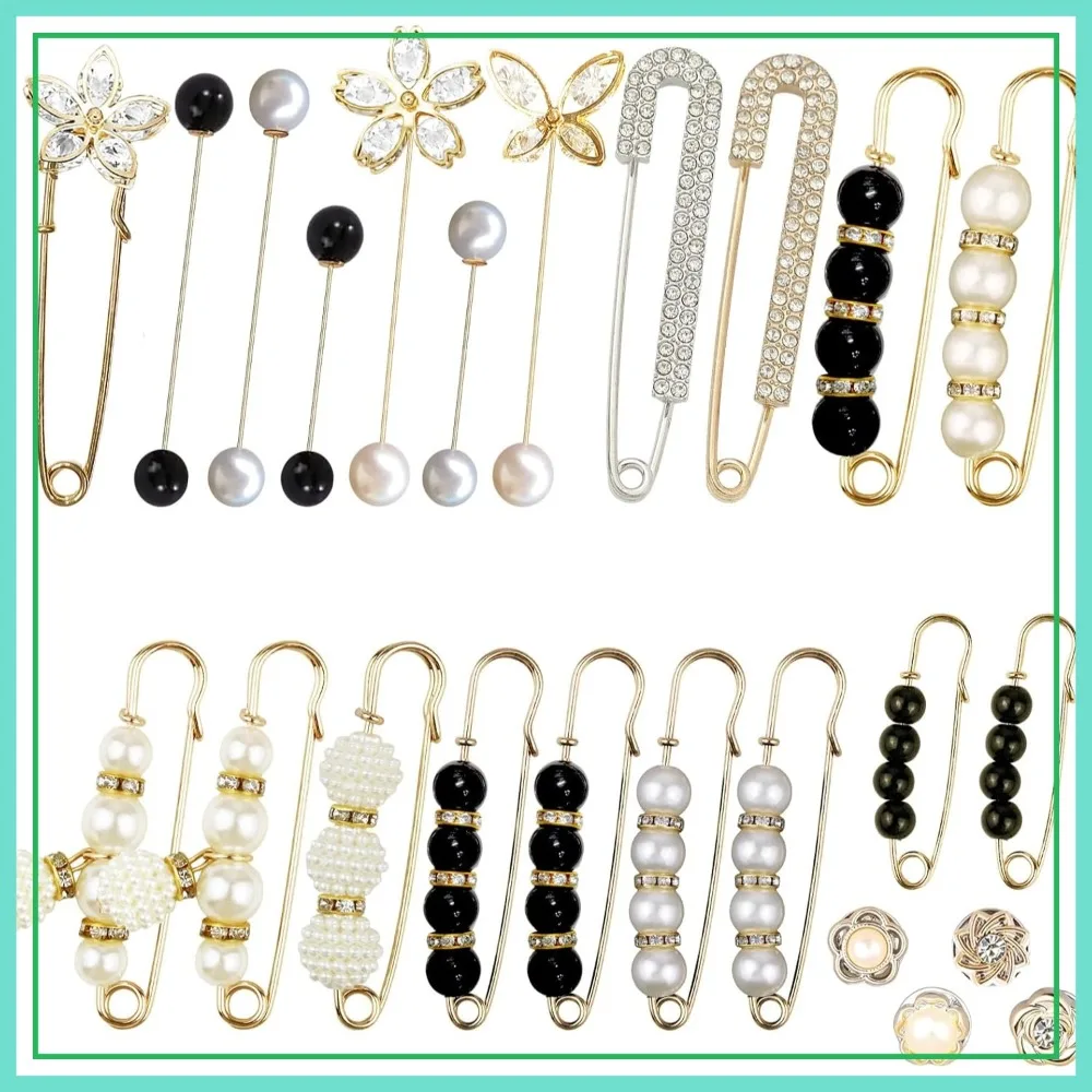 

24pcs Pearl Crystal Brooch Safety Pins Button Pants Waist Tightener for Clothes Sweater Shawl Collar Dress Cardigan Shirt Jeans Decoration Accessories Women Girls