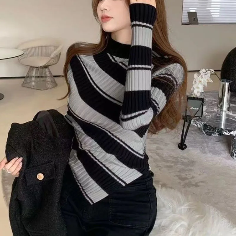 Spring Autumn New Women\'s Versatile Slim Half High Collar Stripe Pullovers Tops Fashion Simplicity Casual Long Sleeve Knitwear