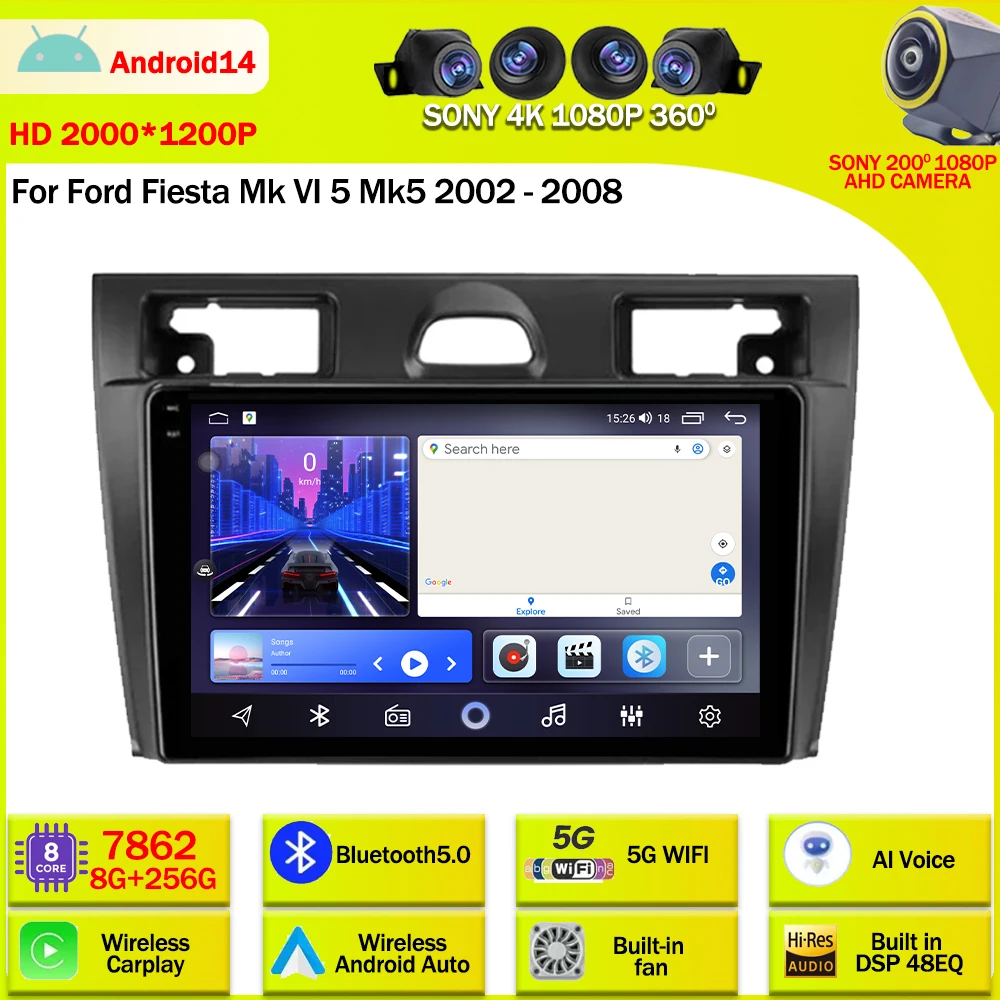 

Автомагнитола на Android 14 для Ford Fiesta Mk VI 5 Mk5 2002-2008, мультимедийный видеоплеер, навигация GPS, Φ WIFI 4G LET BT, головное устройство