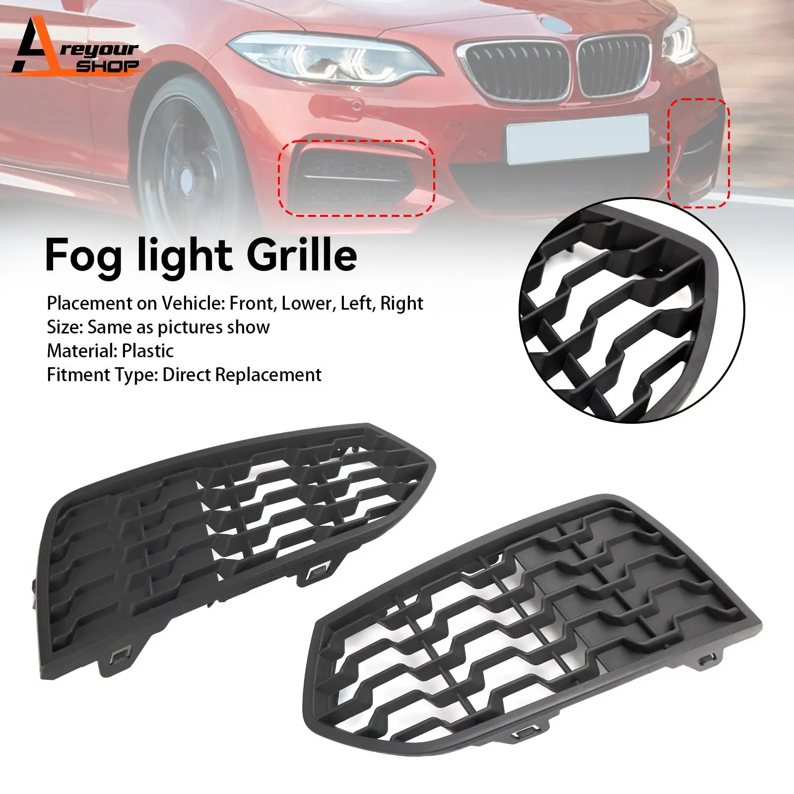 Areyourshop 2PCS Front Bumper M Fog Light Grilles Grill for BMW F22 F23 2012 2013 2014 2015 2016 2017