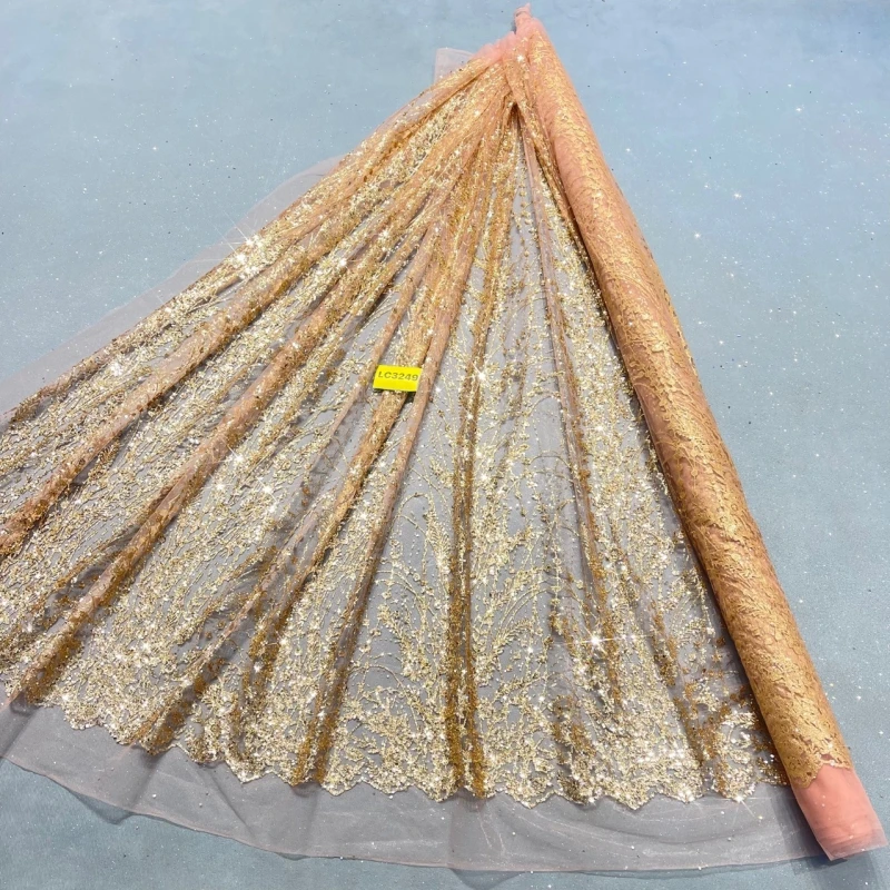 

10 Yards Gold Patterned Wedding Dress Fabric Mesh Spray Lace 150cm Wedding Party Pink Spray gold Tull fabric