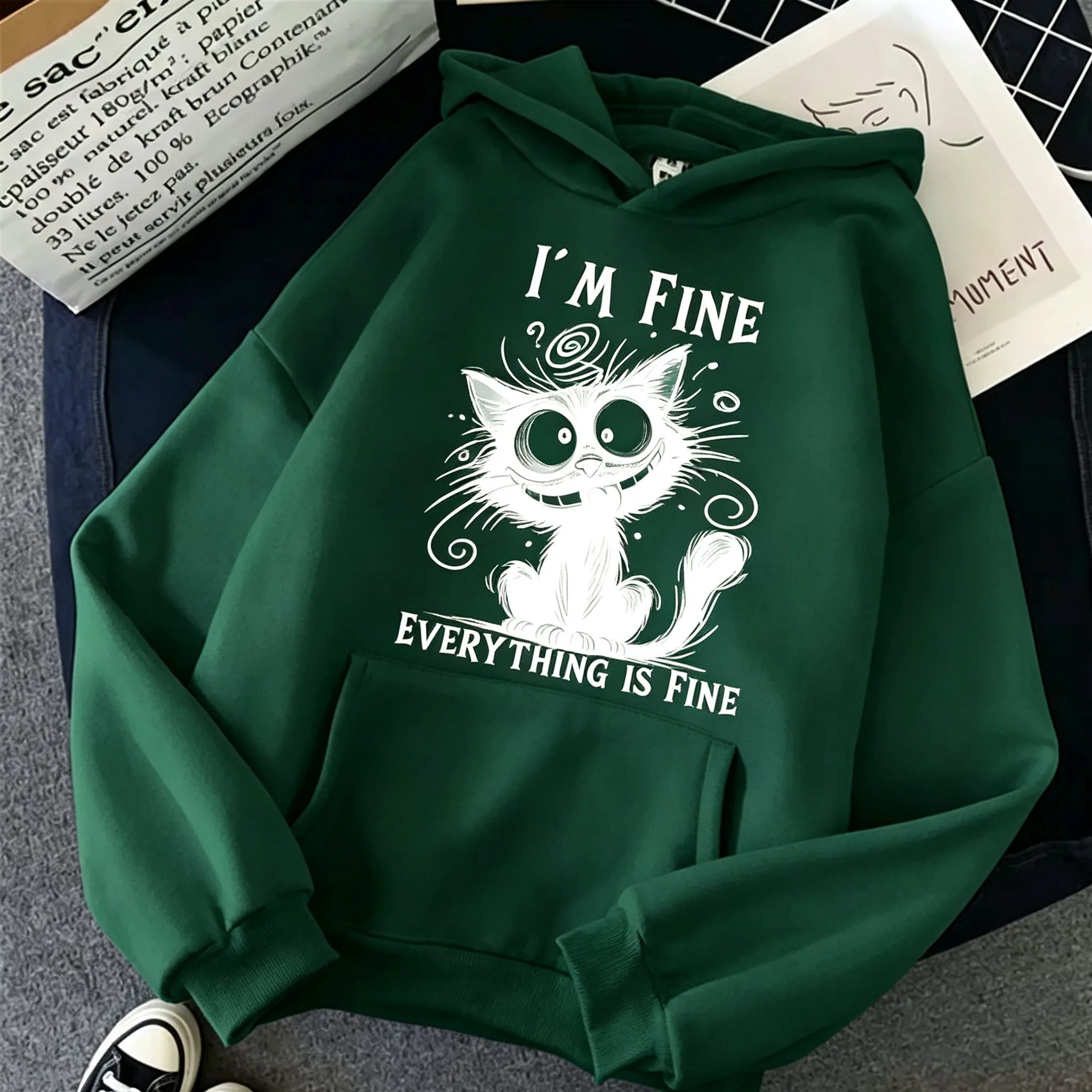 Women I'm Fine Everything Is Fine Black Cat Hoodie Casual Loose Long Sleeve Hooded Sweatshirt Funny Cartoon Pullover Streetwear
