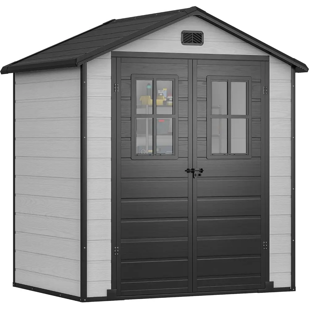 

Садовый пластиковый сарай 6x4.4 фута с 2 окнами, двойными стенками, запираемый, для газонокосилки и инструментов