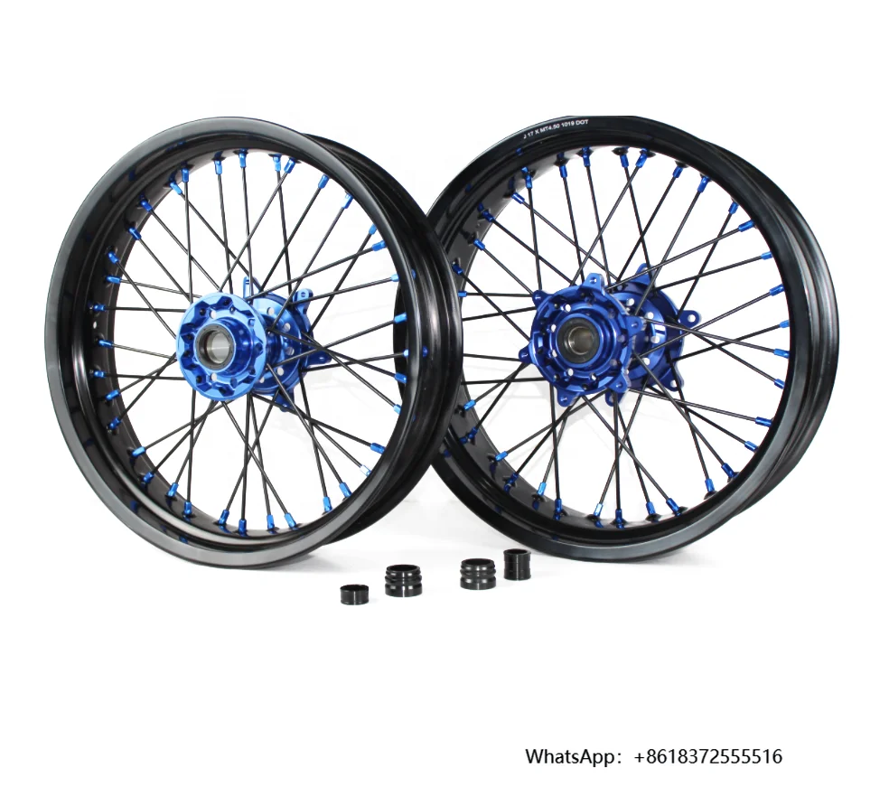 

16/17 Inch Spoked Supermoto Wheels Rims Set 36H Anodized Blue Hub and Black Rim Fit for YZ YZF