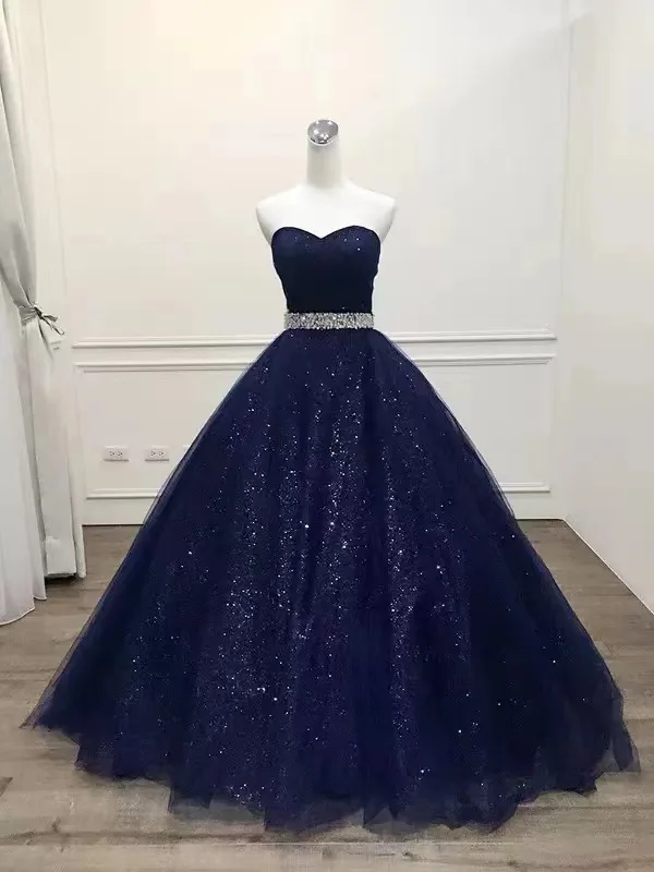 

Sweetheart 15 Dress Quinceanera 2024 Sequined Sash Shining Tulle Navy Blue Ball Gown For Woman Beaded Vestido De 15 Years