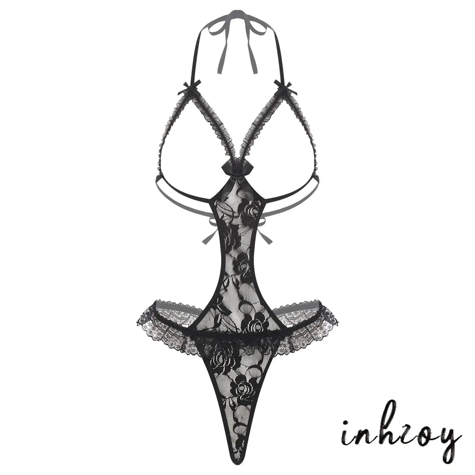 

Adults Womens Alluring One Piece Nightwear Hollow Out Cup T-back Metallic Shiny/Floral Lace Bodysuit for Dating Night Honeymoon