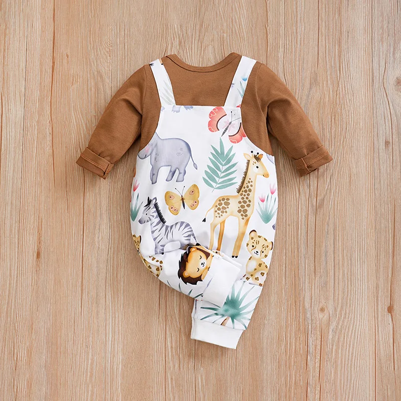 Newborn Clothing Cute Cartoon Strap Animal Print Casual And Comfortable Soft Spring And Autumn Long Sleeved 0-18 Baby Jumpsuit