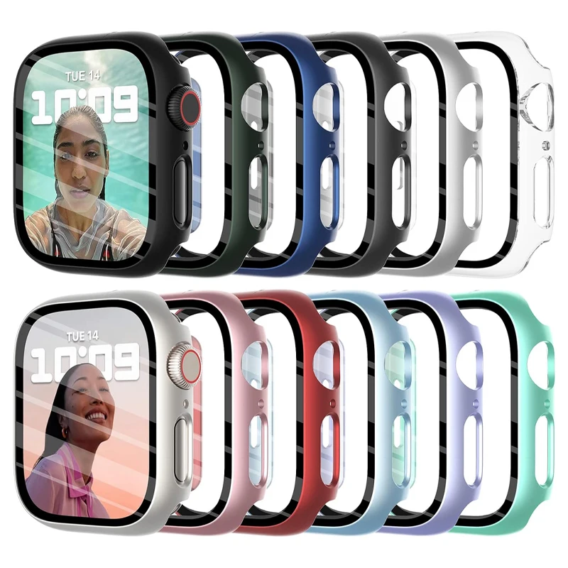 Gehärtetes Glas + Abdeckung für Apple Watch Gehäuse 45 mm 41 mm 44 mm 40 mm 42 mm 38 mm PC-Stoßstange Displayschutzfolie iWatch Serie 9 8 7 6 5 4 se