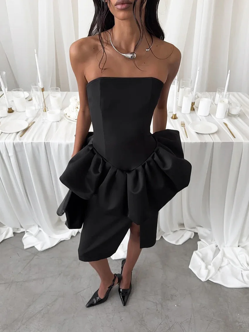 

New French Elegant Temperament Style Solid Color Simple Strapless Waist Cinched Ruffle Edge Splicing Slit Women's Banquet Dress