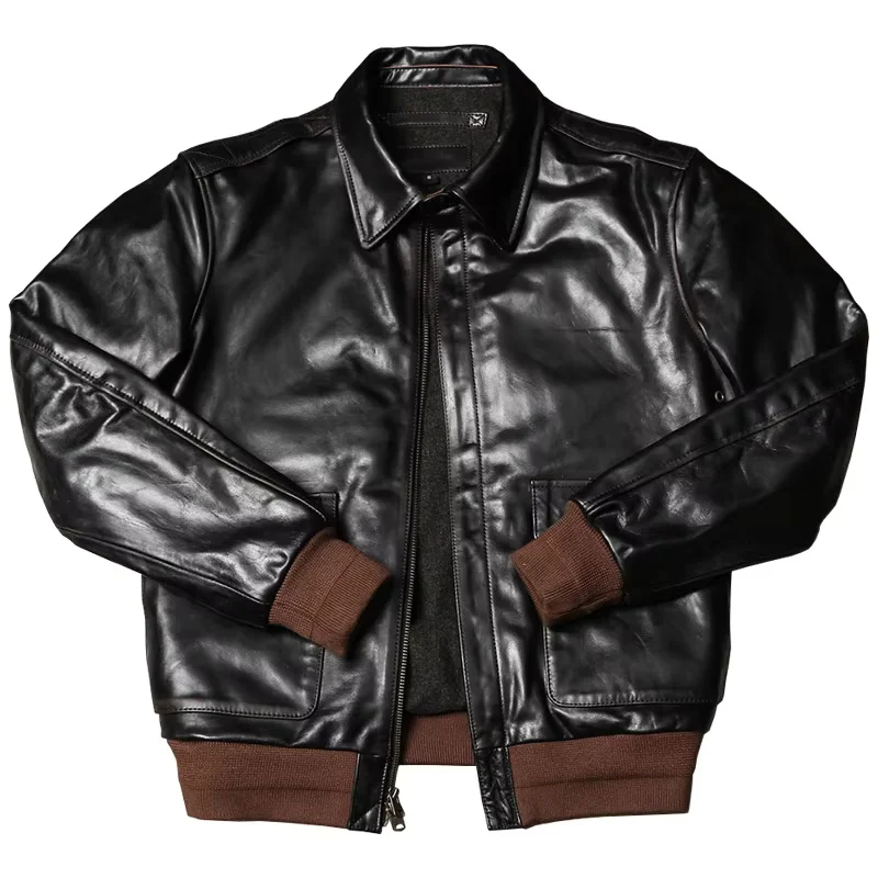 

Black Spring A2 Pilot Leather Jacket Men Military Style Plus Size 5XL Genuine Natural Horsehide Flight Leather Coat