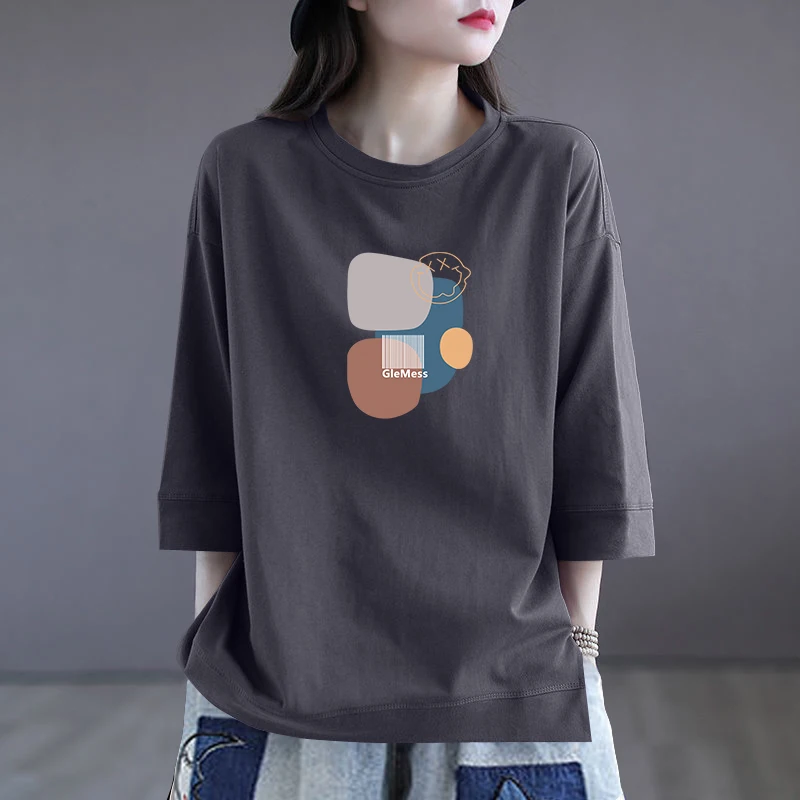 

Women's Casual Cotton Printed T-shirt Tagless Button Slim Fit mid Sleeve Spring Autumn Top Comfortable Breathable Loose Style