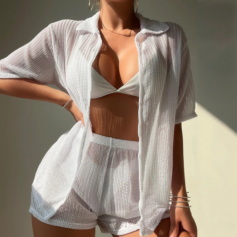 2 Pcs Sets Swimsuit Women Tops+shorts Solid Bikini Cover Up Cardigan Crochet Knitted Beachwear Woman White Beach Outfits Woman