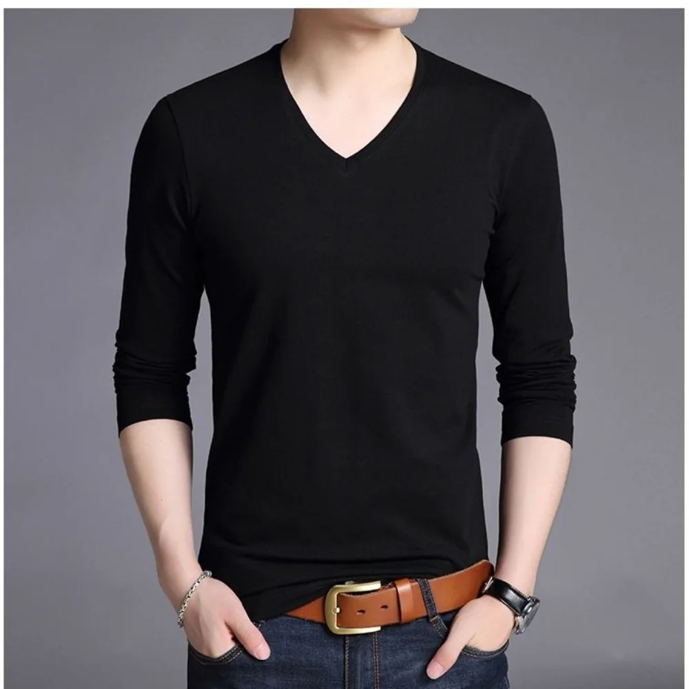 Spring and Autumn Luxury Men with Long Sleeves and V-neck Oversized Normal Casual Wear Basic Shirt Daily Wear T-Shirt