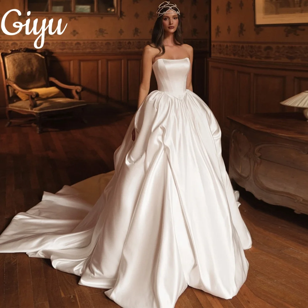 

Giyu Elegant Satin A-line Strapless Wedding Dress 2025 Sleeveless Pleat Floor-Length Customized Bridal Gown vestidos de novia