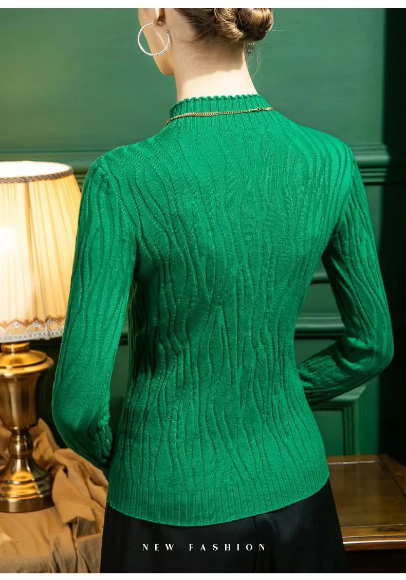 بلوفر نسائي بياقة قائمة محبوكة ، صديق للجلد ، قميص سفلي مريح ضيق ، أحادي اللون ، الخريف والشتاء