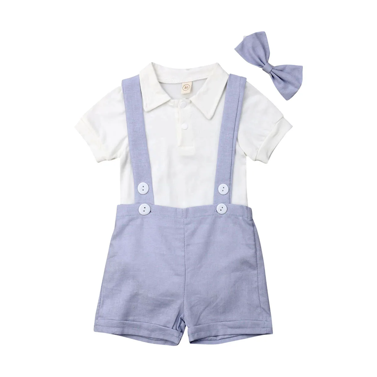 Baby's Gentleman Suit Boys Summer Short Sleeve Solid Color Romper Button Suspender Shorts Bow Tie 3pcs Infant Clothing