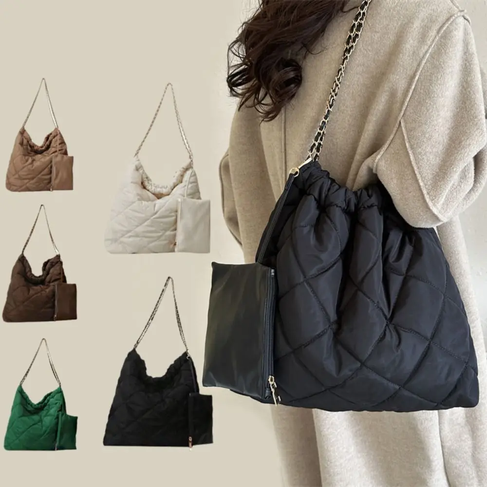 

Korean Style Drawstring Shoulder Bag Large Capacity Checkered Cotton-padded Tote Bag Space Cotton Solid Color Nylon Handbag Lady