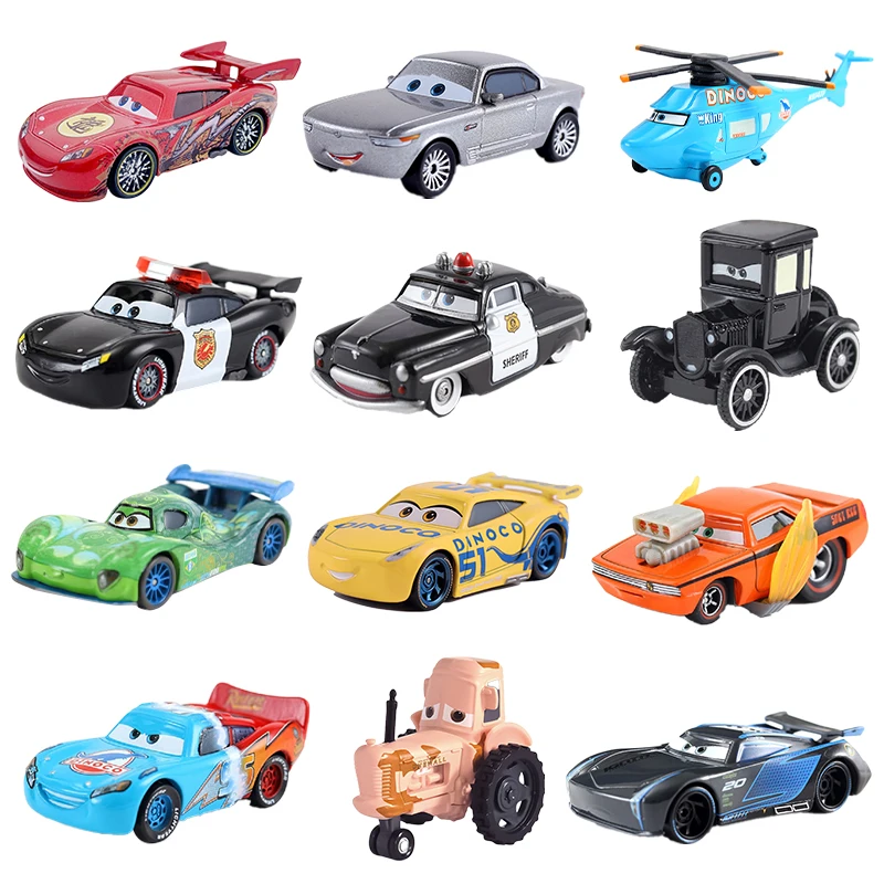 Kolekcja metalowych modeli samochodów z odlewu stopowego: Chick Hicks, King Lightning, Mini Hudson, Dinoco, Ramirez, Ramone, Sheriff Sterling, Racer 3 2 1