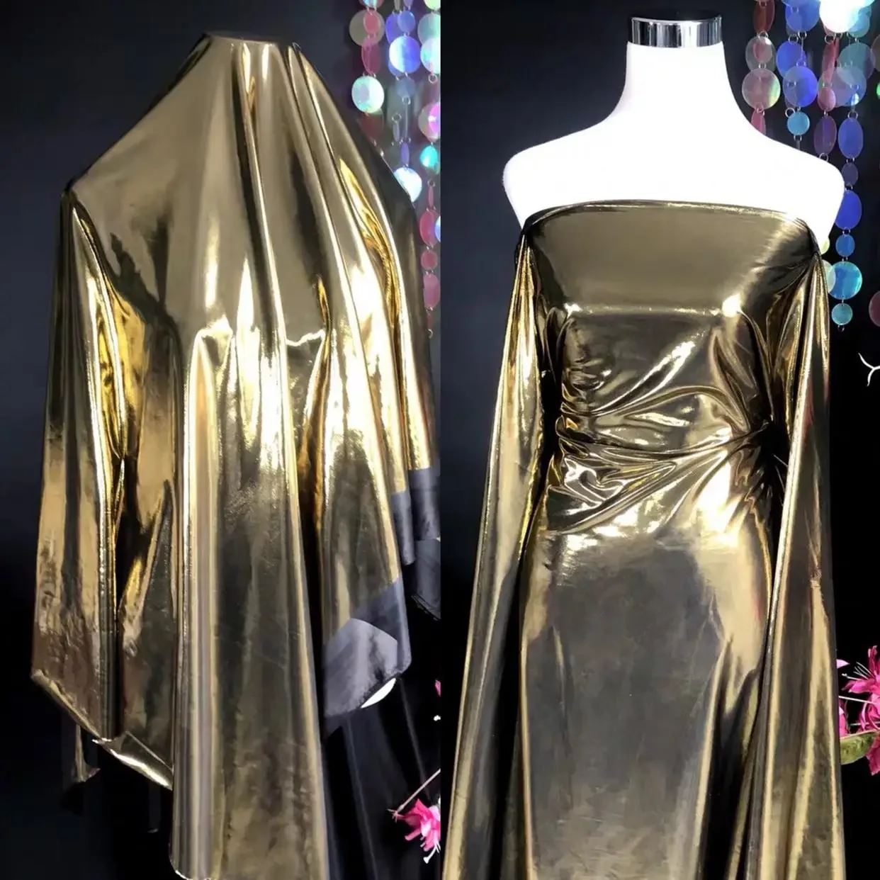Gold Apricot Metallic Water Light Imitation Leather Fabric Soft Elastic Shiny Designer Dress Fabric For Fashion Projects