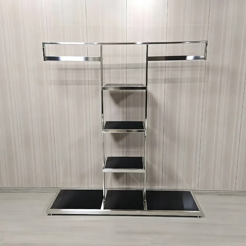Commercial floor-standing hanger with multi-tier shelves and shoe display